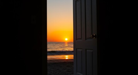 Fototapeta premium Open White Door Framing a Tranquil Beach Sunset with Warm Glow and Dark Interior Contrast