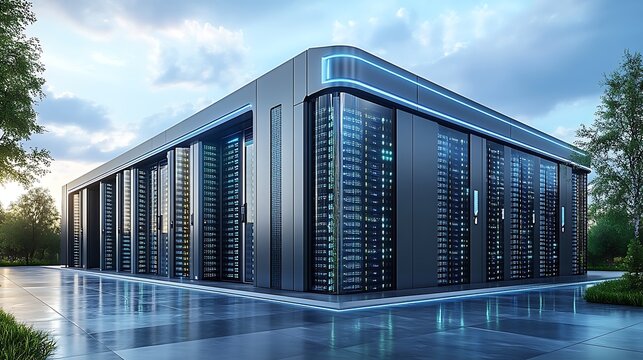 Modern futuristic data center building with glass facade and blue led lighting surrounded by lush green trees and reflective wet ground