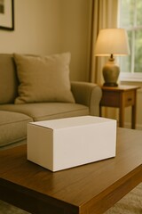 White blank cardboard package box on wooden coffee table in cozy living room
