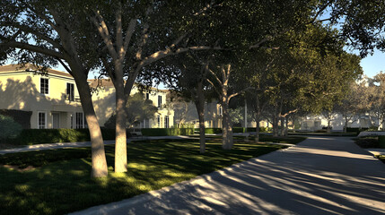 Obraz premium Tranquil residential area with manicured landscaping and light-colored homes, lined by tall trees casting shadows