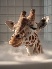 Obraz premium Realistic adult giraffe floating peacefully in white bathtub, only muzzle visible above water, eyes closed, soft steam around, modern tiled bathroom