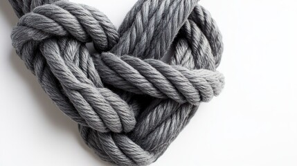 Gray rope knots forming a heart shape on white background