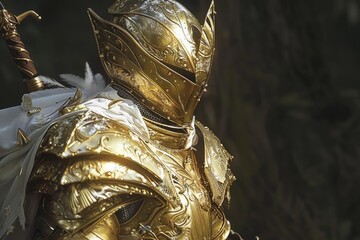Golden knight wearing ornate armor and holding a sword, embodying strength, valor, and the age of chivalry