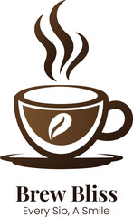 Steaming coffee cup with brew bliss logo and tagline
