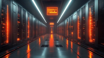 Futuristic server room with glowing orange lights and neon blue ceiling lights creating a high tech data center atmosphere