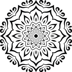 Black and White Mandala Art with Symmetrical Floral Motifs, Circular Geometric Shapes and Decorative Petal Elements for Meditation Design