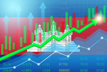 Cambodia Economy. Flag of Cambodia with Rising Financial Graph. Economic Growth and Development Concept. Vector Illustration.  