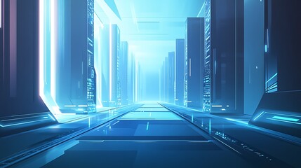 Futuristic neon cityscape with tall buildings and glowing blue lights creating a tunnel effect