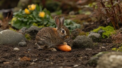 Fototapeta premium Small brown rabbit eating carrot in garden
