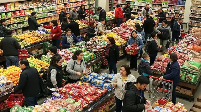 Busy grocery store scene with shoppers selecting fresh produce and packaged goods