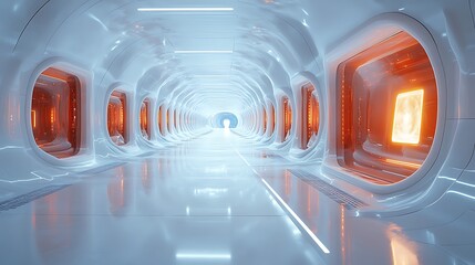Futuristic sci fi corridor with glowing orange pods and bright white neon lights creating a sense of depth and advanced technology