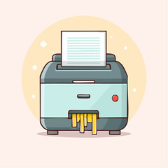 A cute cartoon paper shredder in mint green and grey actively destroying a document with a red button.