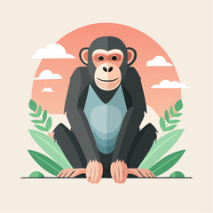Charming chimpanzee illustration in a flat vector style sitting with a friendly smile among green leaves.