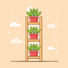 Three vibrant green houseplants in red pots arranged vertically on a simple wooden ladder shelf.