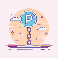 Blue Circular Parking Sign with Letter P on a Golden Chain and Balance Bar.