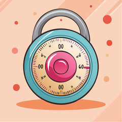 Illustrated round combination padlock with a white dial turquoise rim and numbered face.