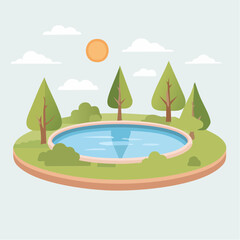 Floating island landscape diorama with a circular pond stylized trees and a sun.