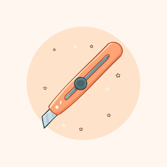 Cute cartoon utility knife with an orange handle and retractable steel blade.
