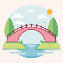 A serene park illustration with a pink arched footbridge over a river under a sunny sky.