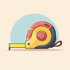 Colorful cartoon tape measure with a yellow red and black casing and extended ruler.