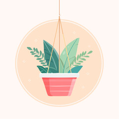 Stylized hanging houseplant with lush green foliage in a striped pink pot Flat vector illustration.