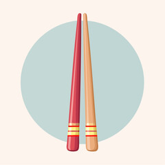 Illustrated red and beige chopsticks with decorative yellow and red striped bands.