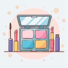 Colorful cartoon makeup set with an open eyeshadow palette two lipsticks and mascara.