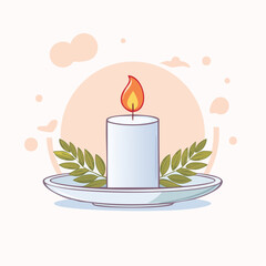 Illustrated white pillar candle with a glowing flame set on a saucer with green leafy branches.