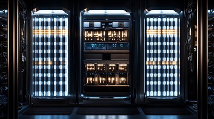 Obraz premium Illuminated vintage jukebox with glowing neon lights and rows of colorful records in a dimly lit retro entertainment space