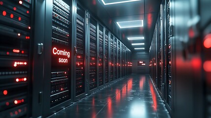 Futuristic data center aisle with rows of glowing servers and illuminated panels creating a high tech digital environment
