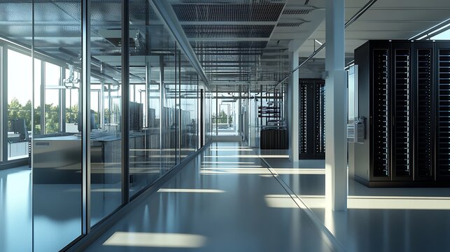 Modern data center corridor with rows of server racks and large glass windows reflecting sunlight and the interior environment