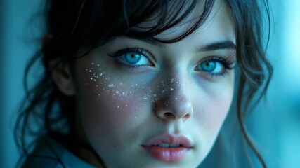 The focus is on a woman with striking blue eyes, her face adorned with a digital overlay that symbolizes the intersection of technology and beauty. - Powered by Adobe