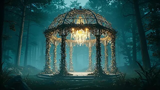 Enchanted forest gazebo adorned with vines and a chandelier, illuminated in twilight