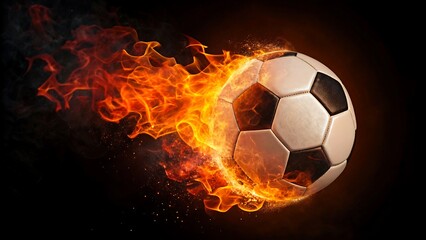 Fototapeta premium Soccer ball with flaming fire trail on dark background showing speed and energy 