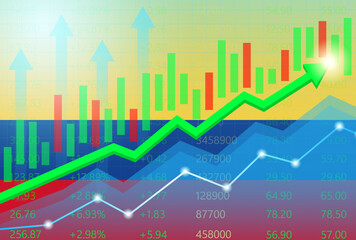 Colombia Economy. Flag of Colombia with Rising Financial Graph. Economic Growth and Development Concept. Vector Illustration.  