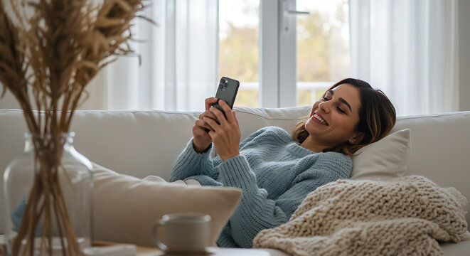 Relaxed smiling woman using a smartphone while lying comfortably on a cozy sofa in her bright modern living room - Powered by Adobe