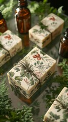 Artisanal Vegan Soap Bars with Lavender Sprigs and Essential Oil Vials, Minimalist Organic Soap Collection with Dried Flowers and Dropper Bottle, adorned with botanical designs, with blur background