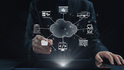 Cloud computing, cloud strategy, and cloud technology transforming digital infrastructure with scalable services, secure data storage, and cloud-based digital business solutions. Elide