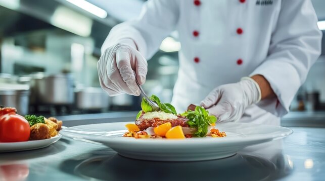 Chef in gloves plating a dish in a restaurant kitchen