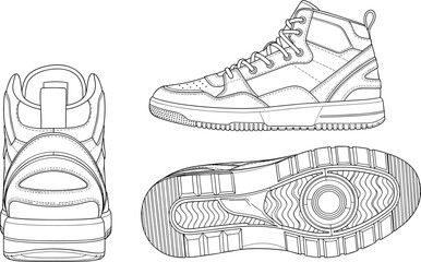 High top sneaker technical cad drawing, sole and back view vector sketch, footwear blueprint illustration, fashion shoe design template