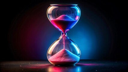 A colorful hourglass with pink and blue sand, illuminated by neon lights