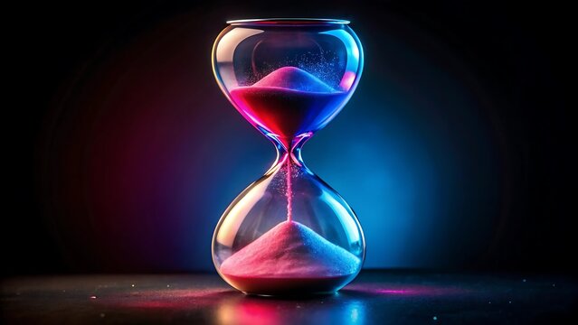 A colorful hourglass with pink and blue sand, illuminated by neon lights