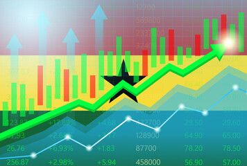 Ghana Economy. Flag of Ghana with Rising Financial Graph. Economic Growth and Development Concept. Vector Illustration.  