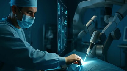 Surgeon performs robotic operation guided by real-time HUD data and anatomical overlays in high-tech operating room - Powered by Adobe
