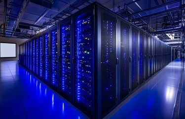 Fototapeta premium Illuminated server racks with bright blue led lights creating a futuristic digital data center environment with a clean reflective floor