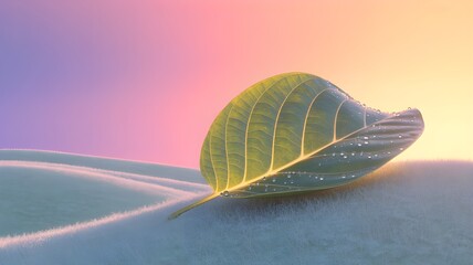 Close-up view of a green leaf on the green hills,leaf in the sky,landscape with green field and gradient pink sky,sunset in the mountains,sunset over the mountains,palm trees in the sunset