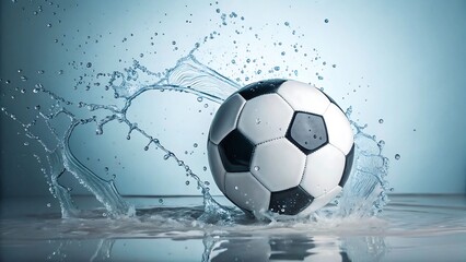 Fototapeta premium Soccer ball splashing in water with dramatic effect and blue background concept 