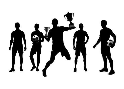 set silhouettes soccer football players, goalkeeper, team champion with cup, soccer ball in various poses, vector isolated on white background
