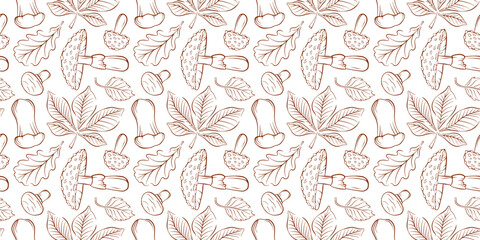 Seamless pattern of line art style mushroom Trumpet, Fly Agaric, Destroying Angel, Champignon and chestnut, Birch, oak leaf on a white background. Ideal for autumn package, delivery and organic design