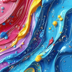 Abstract painting with flowing vibrant colors and bubbles